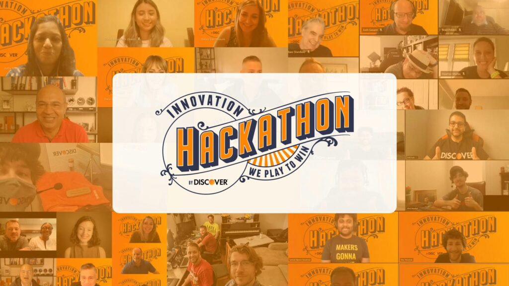 Orange colour picture with black and dark orange fonts describing the internal hackathon. It also represents the event images from the internal Discover hackathon.