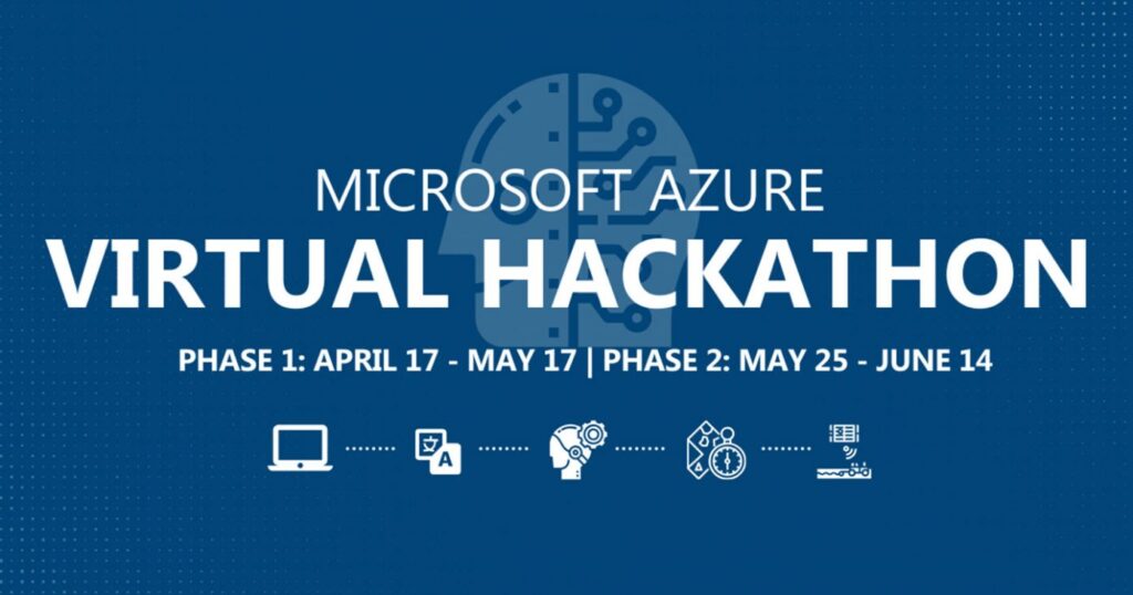 Blue background with white fonts describing about Microsoft Azure virtual hackathon.
