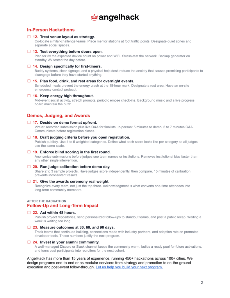 Hackathon Best Practices Checklist
